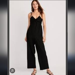 NWT OLD NAVY Smocked Cropped Knotted Linen-Blend Cami Jumpsuit BLACK